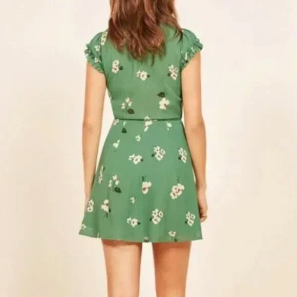 REFORMATION Lola Dress Floral Ruffle Mini V-Neck Wrap Short Sleeve Green M - Picture 3 of 8